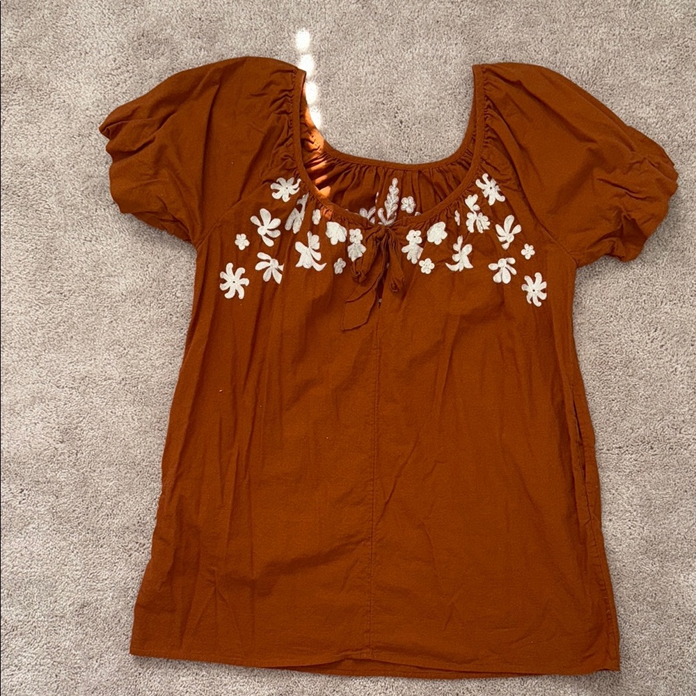 Free People Terracotta Floral Embroidered Babydoll dress with pockets